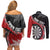 Personalised New Zealand Darts Couples Matching Off Shoulder Short Dress and Long Sleeve Button Shirt Koru Tribal Tattoo and Silver Fern Maori Pattern Red Color