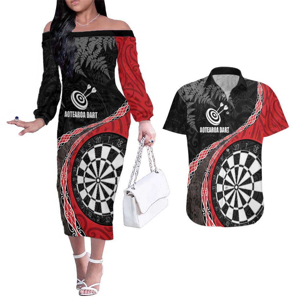 Personalised New Zealand Darts Couples Matching Off The Shoulder Long Sleeve Dress and Hawaiian Shirt Koru Tribal Tattoo and Silver Fern Maori Pattern Red Color