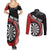 Personalised New Zealand Darts Couples Matching Summer Maxi Dress and Long Sleeve Button Shirt Koru Tribal Tattoo and Silver Fern Maori Pattern Red Color