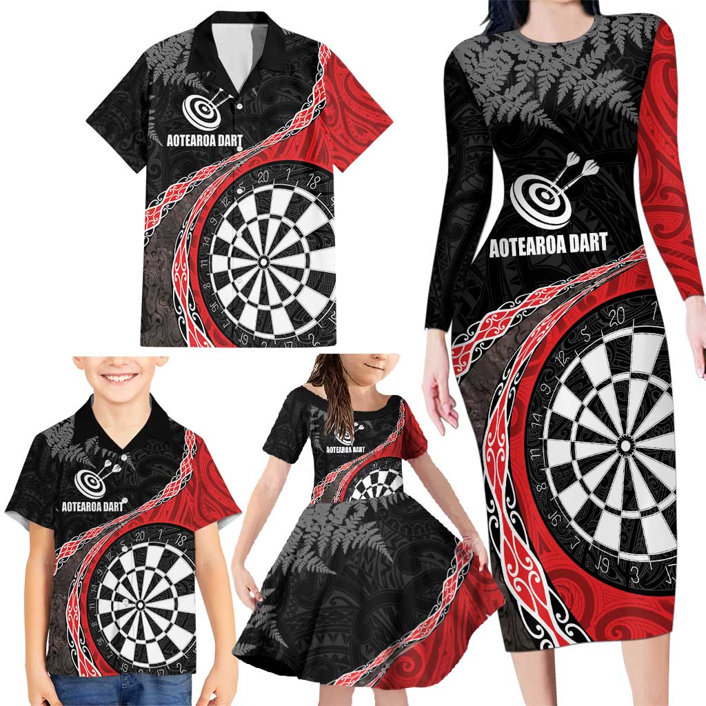 Personalised New Zealand Darts Family Matching Long Sleeve Bodycon Dress and Hawaiian Shirt Koru Tribal Tattoo and Silver Fern Maori Pattern Red Color