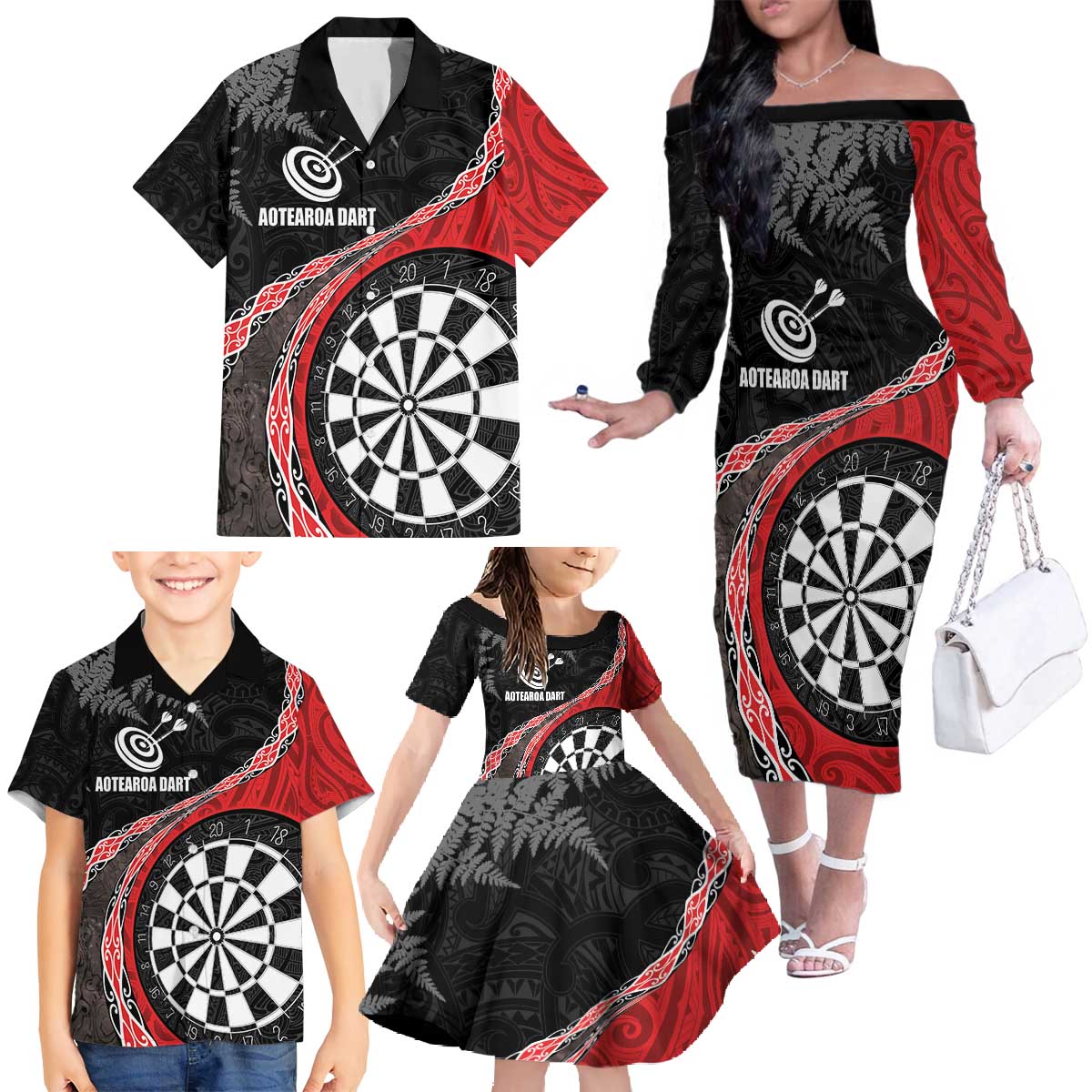 Personalised New Zealand Darts Family Matching Off The Shoulder Long Sleeve Dress and Hawaiian Shirt Koru Tribal Tattoo and Silver Fern Maori Pattern Red Color