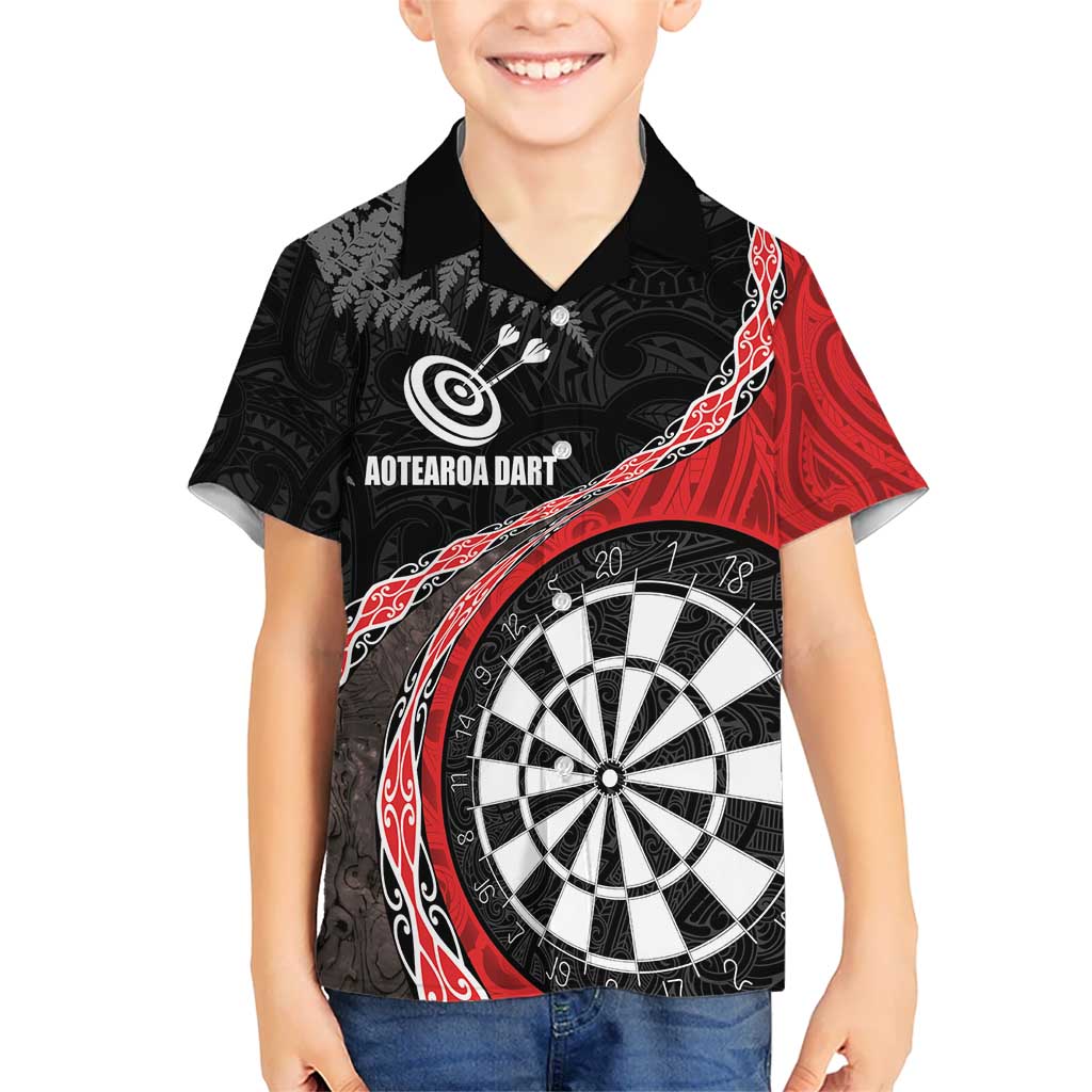 Personalised New Zealand Darts Kid Hawaiian Shirt Koru Tribal Tattoo and Silver Fern Maori Pattern Red Color