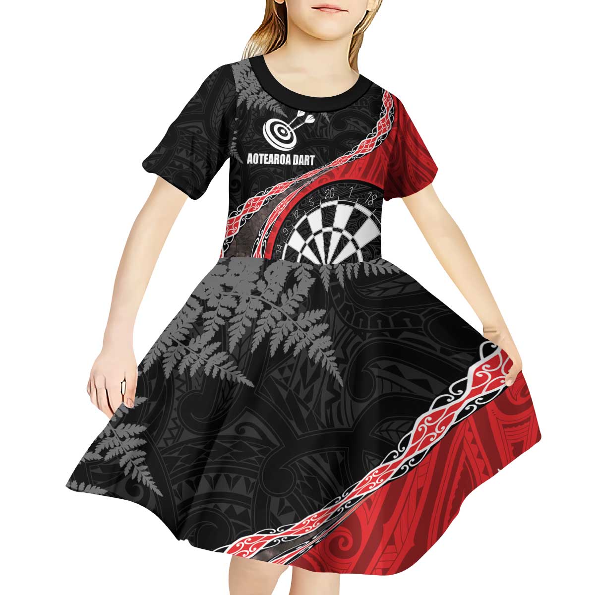 Personalised New Zealand Darts Kid Short Sleeve Dress Koru Tribal Tattoo and Silver Fern Maori Pattern Red Color