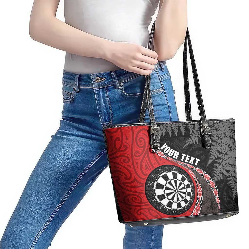Personalised New Zealand Darts Leather Tote Bag Koru Tribal Tattoo and Silver Fern Maori Pattern Red Color LT03 - Polynesian Pride