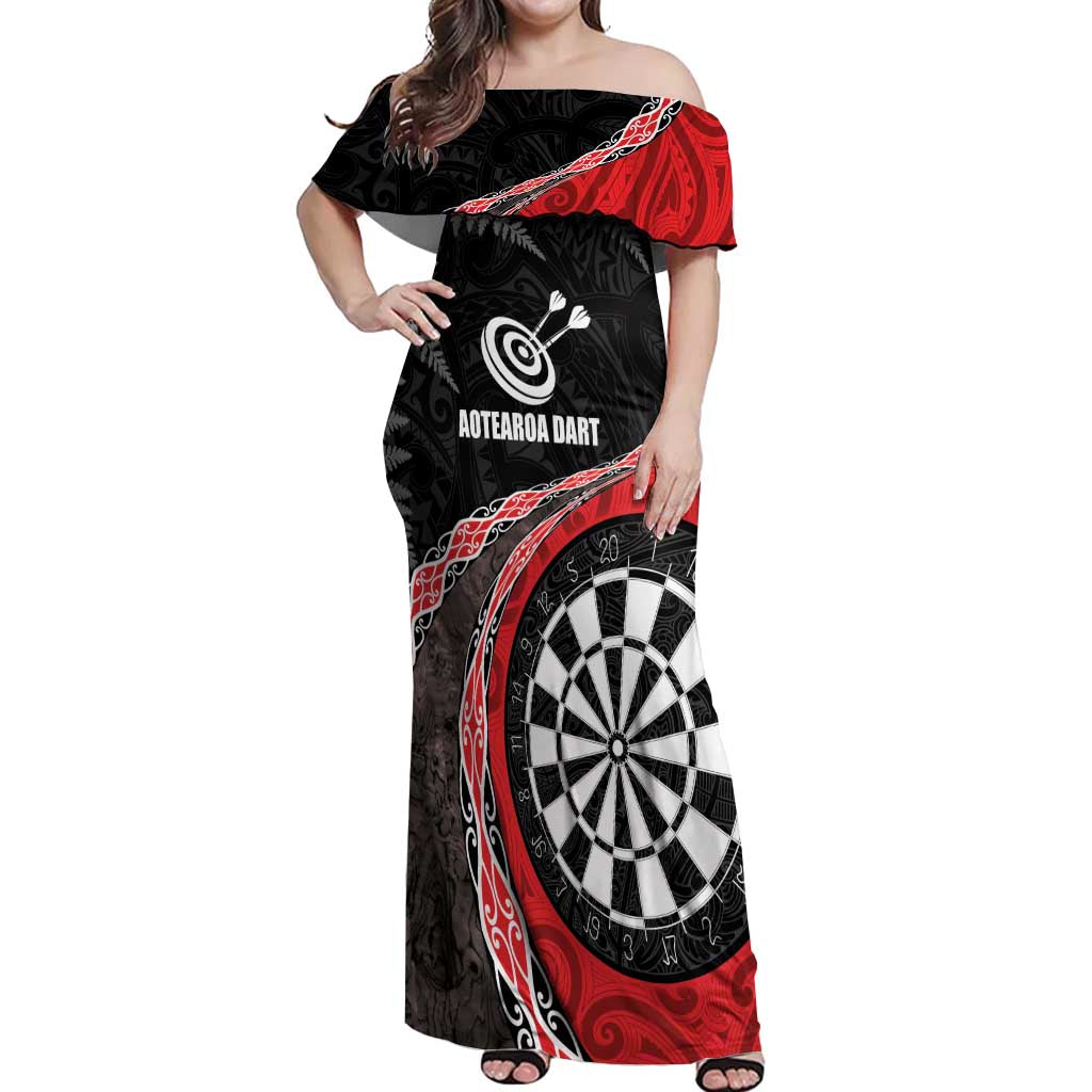 Personalised New Zealand Darts Off Shoulder Maxi Dress Koru Tribal Tattoo and Silver Fern Maori Pattern Red Color