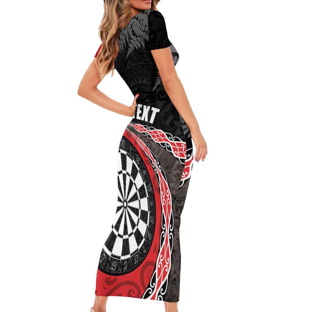 Personalised New Zealand Darts Short Sleeve Bodycon Dress Koru Tribal Tattoo and Silver Fern Maori Pattern Red Color