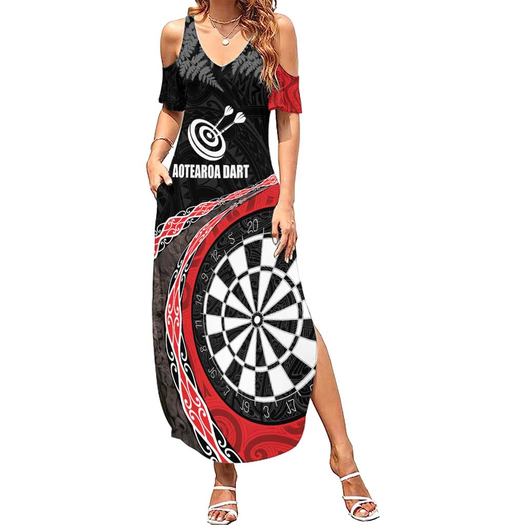 Personalised New Zealand Darts Summer Maxi Dress Koru Tribal Tattoo and Silver Fern Maori Pattern Red Color