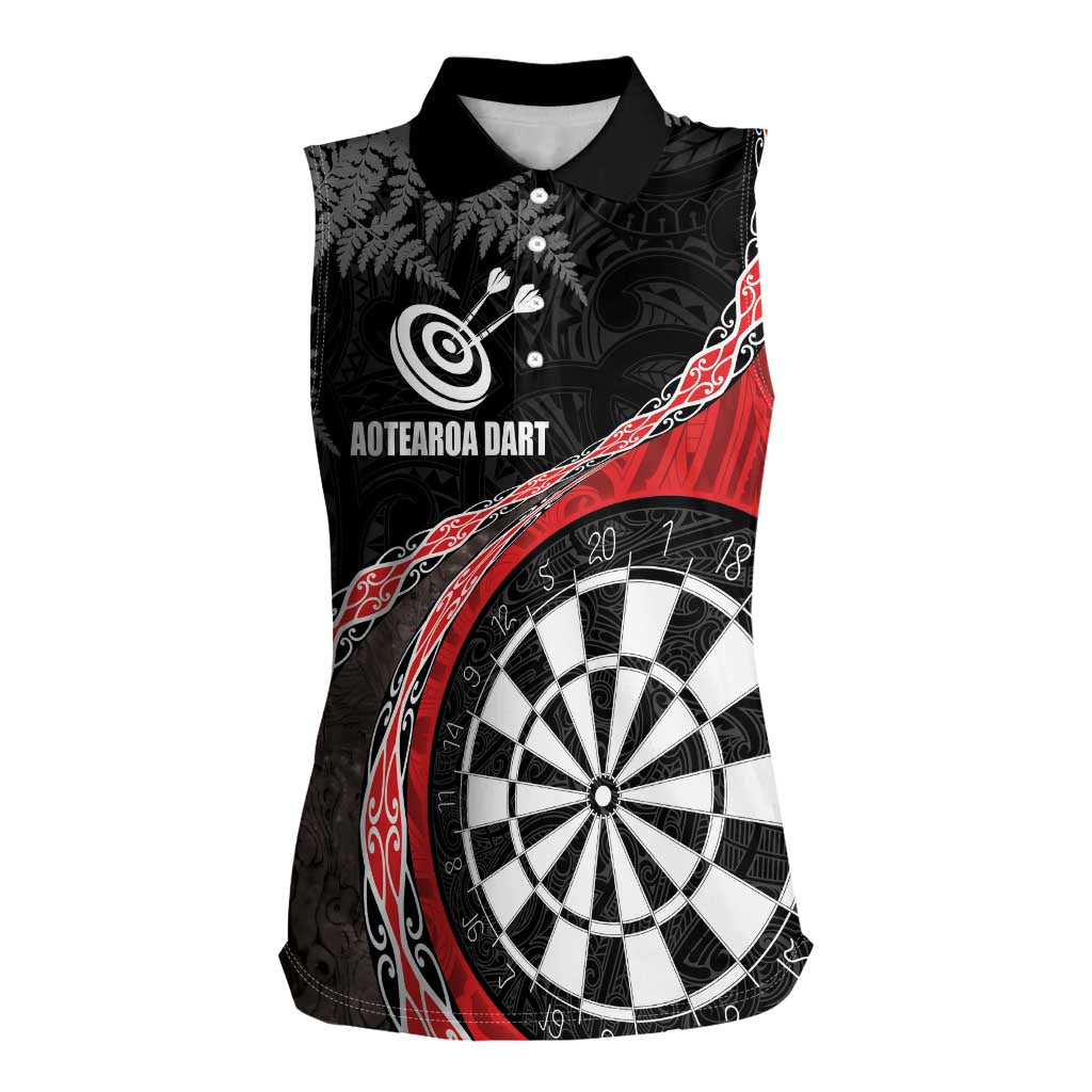 Personalised New Zealand Darts Women Sleeveless Polo Shirt Koru Tribal Tattoo and Silver Fern Maori Pattern Red Color