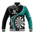 Personalised New Zealand Darts Baseball Jacket Koru Tribal Tattoo and Silver Fern Maori Pattern Teal Color