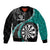 Personalised New Zealand Darts Bomber Jacket Koru Tribal Tattoo and Silver Fern Maori Pattern Teal Color