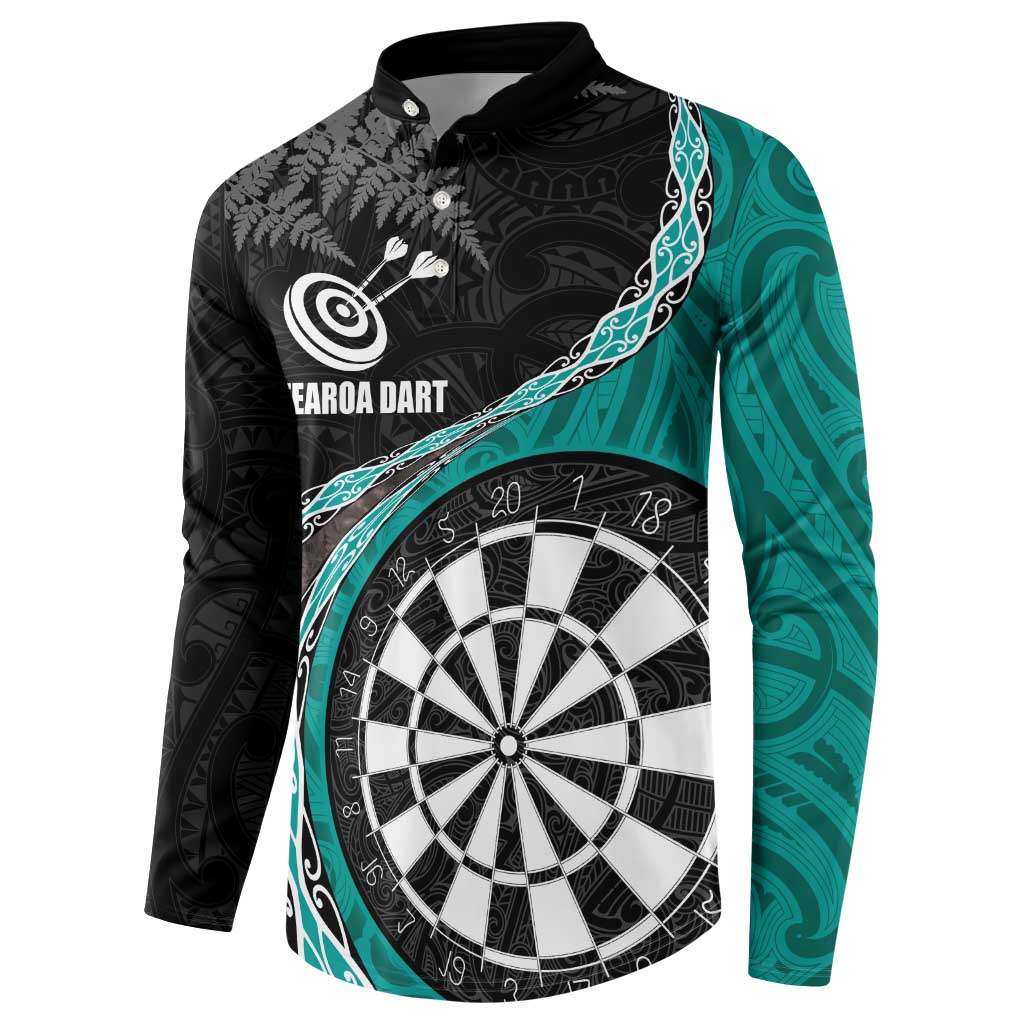 Personalised New Zealand Darts Button Sweatshirt Koru Tribal Tattoo and Silver Fern Maori Pattern Teal Color LT03 - Polynesian Pride