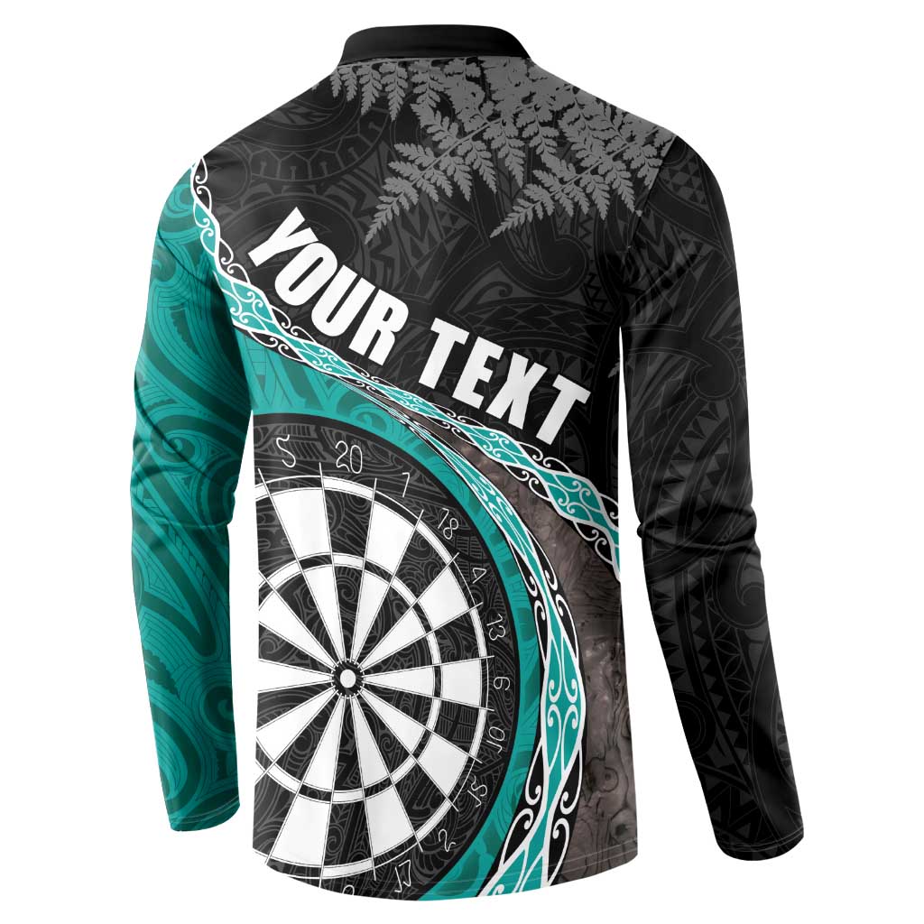 Personalised New Zealand Darts Button Sweatshirt Koru Tribal Tattoo and Silver Fern Maori Pattern Teal Color LT03 - Polynesian Pride