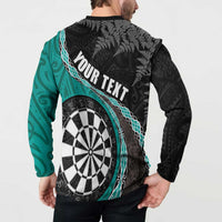 Personalised New Zealand Darts Button Sweatshirt Koru Tribal Tattoo and Silver Fern Maori Pattern Teal Color LT03 - Polynesian Pride