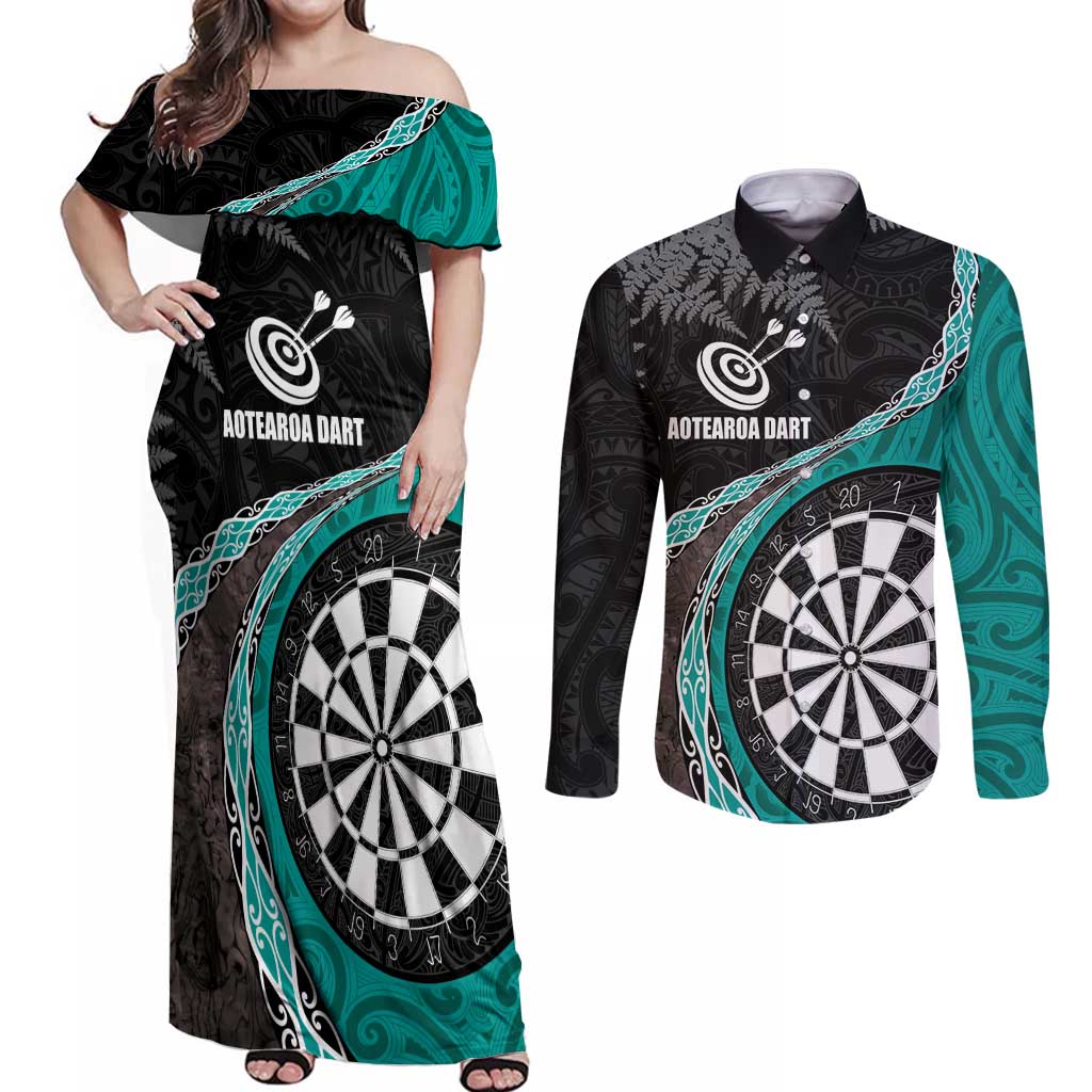 Personalised New Zealand Darts Couples Matching Off Shoulder Maxi Dress and Long Sleeve Button Shirt Koru Tribal Tattoo and Silver Fern Maori Pattern Teal Color