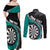 Personalised New Zealand Darts Couples Matching Off Shoulder Maxi Dress and Long Sleeve Button Shirt Koru Tribal Tattoo and Silver Fern Maori Pattern Teal Color