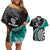 Personalised New Zealand Darts Couples Matching Off Shoulder Short Dress and Hawaiian Shirt Koru Tribal Tattoo and Silver Fern Maori Pattern Teal Color