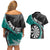 Personalised New Zealand Darts Couples Matching Off Shoulder Short Dress and Hawaiian Shirt Koru Tribal Tattoo and Silver Fern Maori Pattern Teal Color