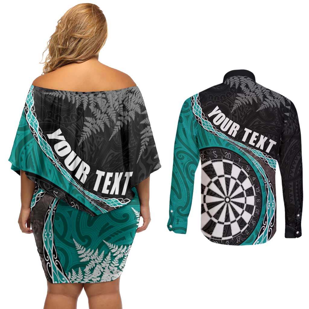 Personalised New Zealand Darts Couples Matching Off Shoulder Short Dress and Long Sleeve Button Shirt Koru Tribal Tattoo and Silver Fern Maori Pattern Teal Color