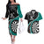 Personalised New Zealand Darts Couples Matching Off The Shoulder Long Sleeve Dress and Hawaiian Shirt Koru Tribal Tattoo and Silver Fern Maori Pattern Teal Color