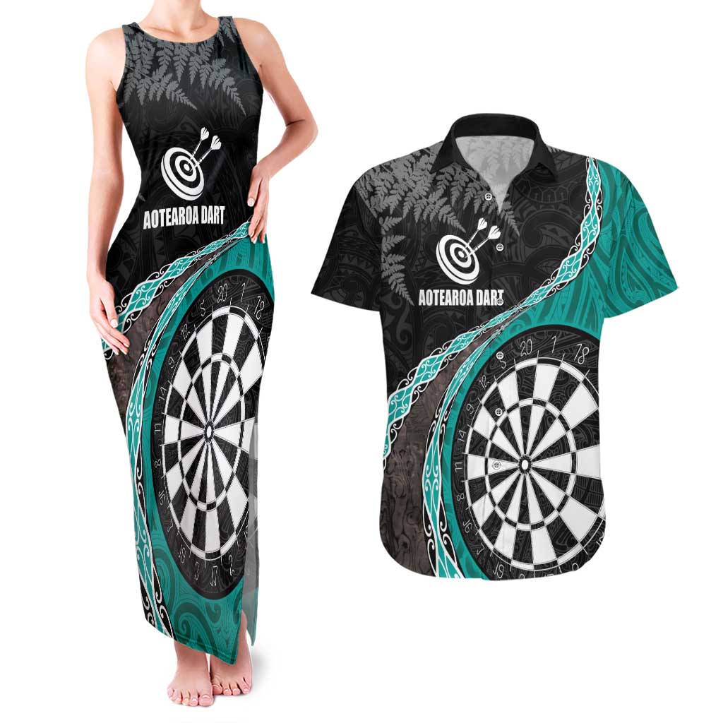 Personalised New Zealand Darts Couples Matching Tank Maxi Dress and Hawaiian Shirt Koru Tribal Tattoo and Silver Fern Maori Pattern Teal Color