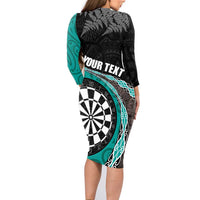 Personalised New Zealand Darts Family Matching Long Sleeve Bodycon Dress and Hawaiian Shirt Koru Tribal Tattoo and Silver Fern Maori Pattern Teal Color