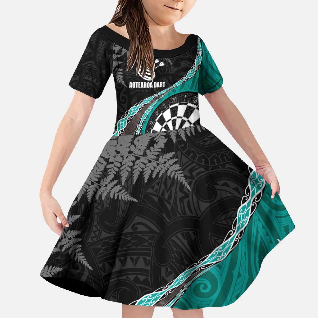 Personalised New Zealand Darts Family Matching Mermaid Dress and Hawaiian Shirt Koru Tribal Tattoo and Silver Fern Maori Pattern Teal Color LT03 Daughter's Dress Teal - Polynesian Pride