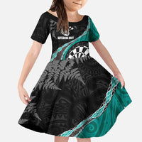 Personalised New Zealand Darts Family Matching Mermaid Dress and Hawaiian Shirt Koru Tribal Tattoo and Silver Fern Maori Pattern Teal Color LT03 Daughter's Dress Teal - Polynesian Pride