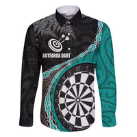 Personalised New Zealand Darts Family Matching Mermaid Dress and Hawaiian Shirt Koru Tribal Tattoo and Silver Fern Maori Pattern Teal Color LT03 Dad's Shirt - Long Sleeve Teal - Polynesian Pride