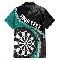 Personalised New Zealand Darts Family Matching Off Shoulder Maxi Dress and Hawaiian Shirt Koru Tribal Tattoo and Silver Fern Maori Pattern Teal Color