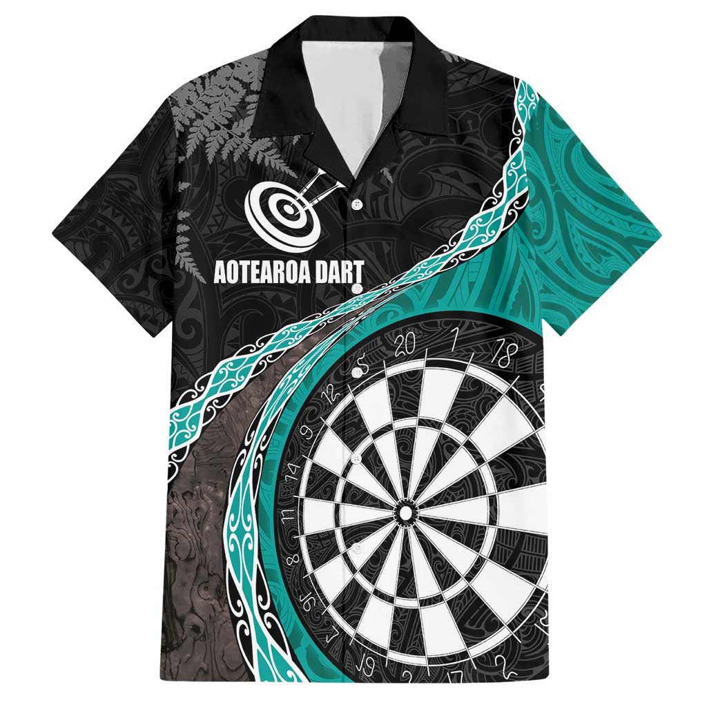 Personalised New Zealand Darts Hawaiian Shirt Koru Tribal Tattoo and Silver Fern Maori Pattern Teal Color