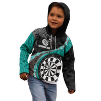 Personalised New Zealand Darts Kid Hoodie Koru Tribal Tattoo and Silver Fern Maori Pattern Teal Color