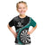 Personalised New Zealand Darts Kid T Shirt Koru Tribal Tattoo and Silver Fern Maori Pattern Teal Color