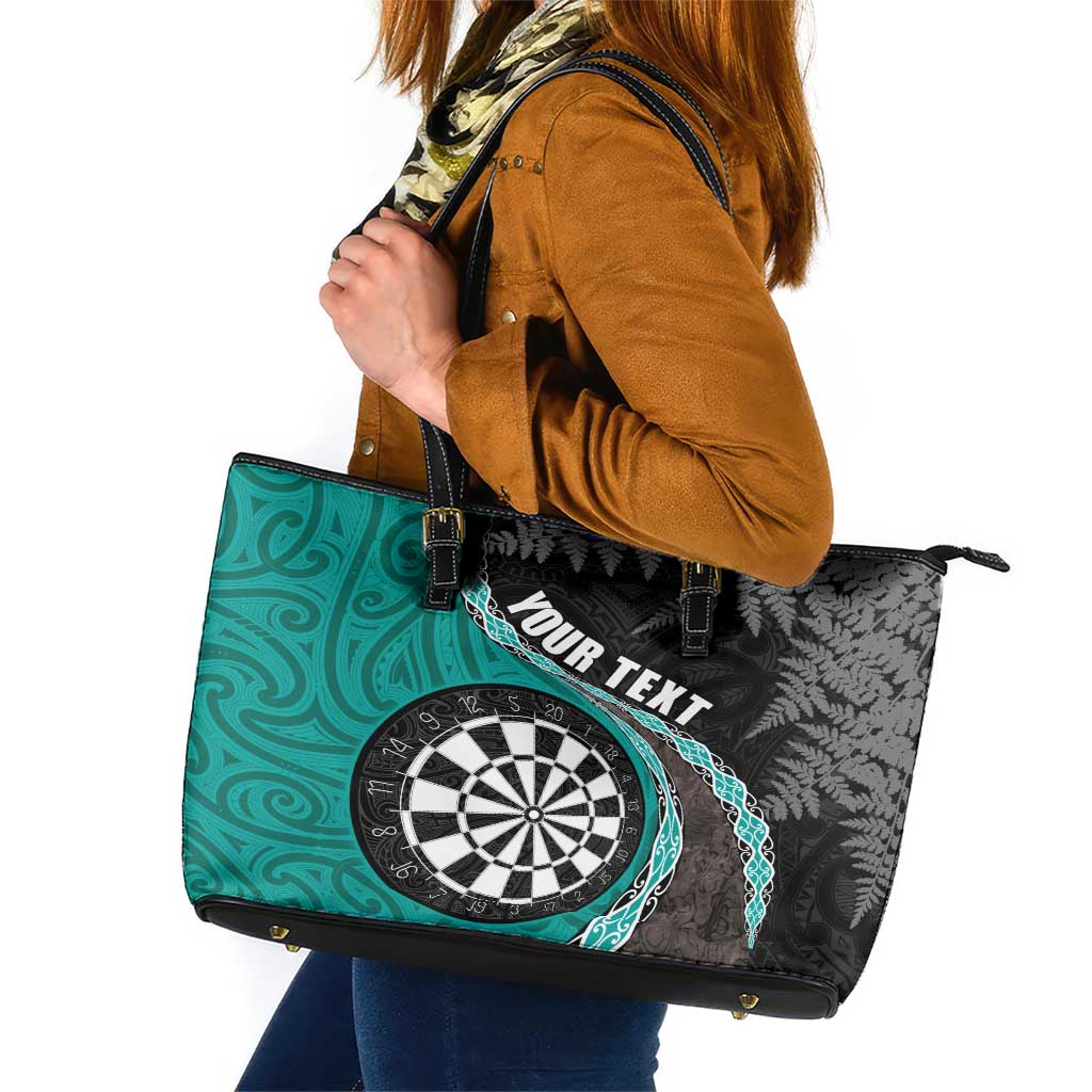 Personalised New Zealand Darts Leather Tote Bag Koru Tribal Tattoo and Silver Fern Maori Pattern Teal Color