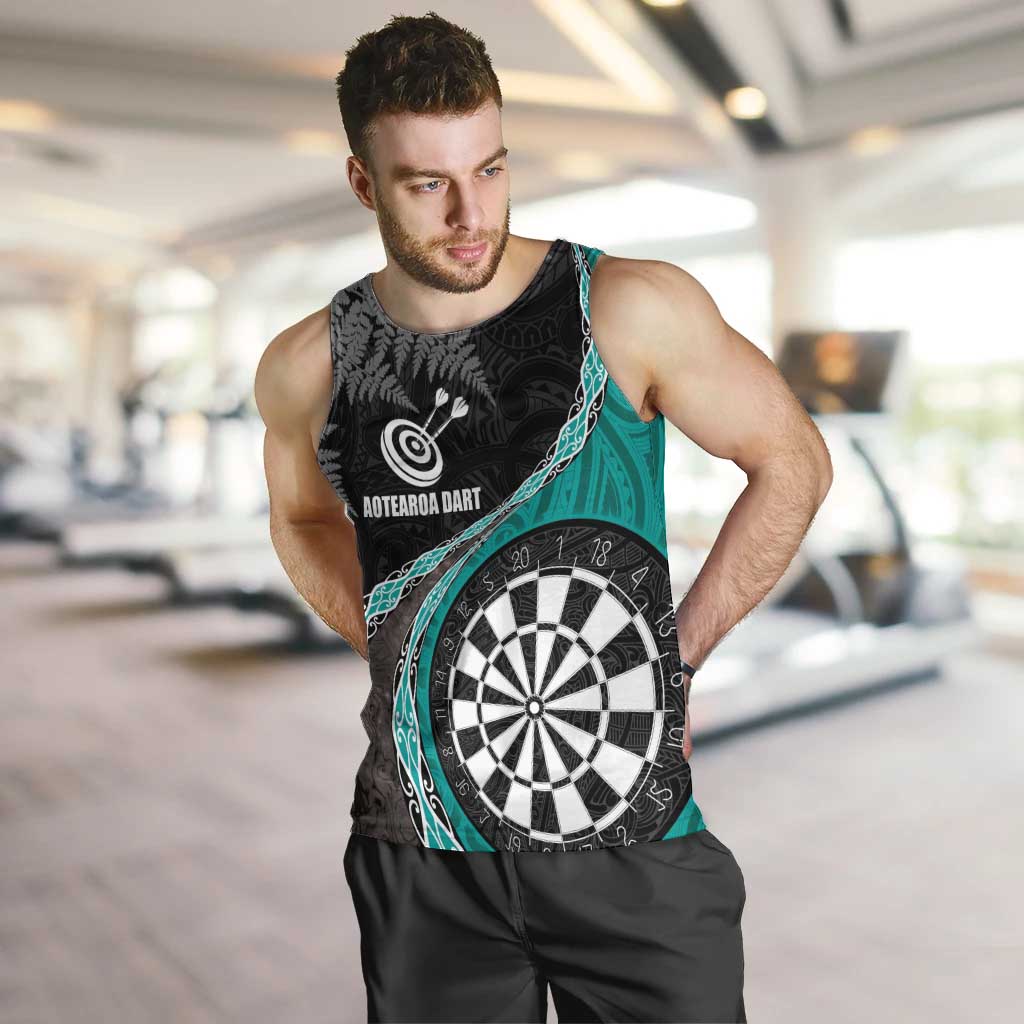 Personalised New Zealand Darts Men Tank Top Koru Tribal Tattoo and Silver Fern Maori Pattern Teal Color