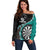 Personalised New Zealand Darts Off Shoulder Sweater Koru Tribal Tattoo and Silver Fern Maori Pattern Teal Color