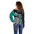 Personalised New Zealand Darts Off Shoulder Sweater Koru Tribal Tattoo and Silver Fern Maori Pattern Teal Color