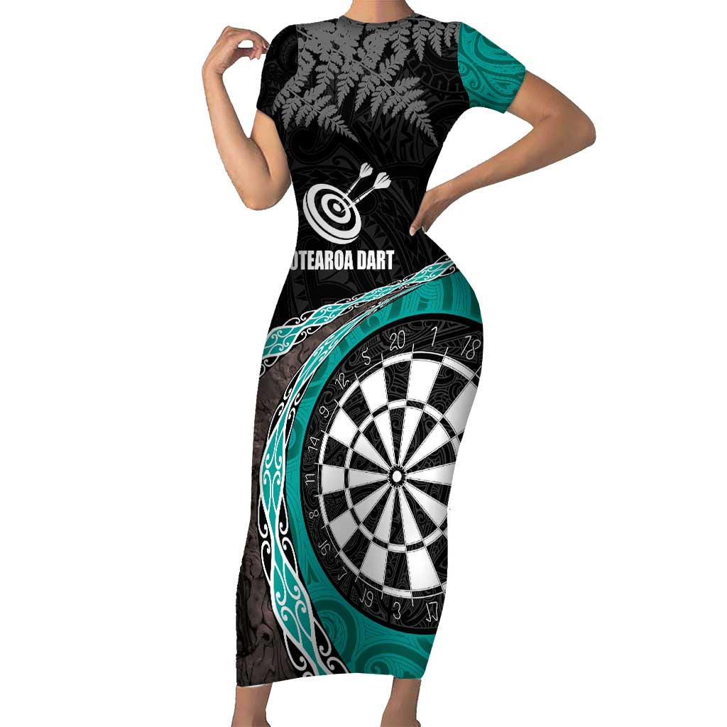 Personalised New Zealand Darts Short Sleeve Bodycon Dress Koru Tribal Tattoo and Silver Fern Maori Pattern Teal Color