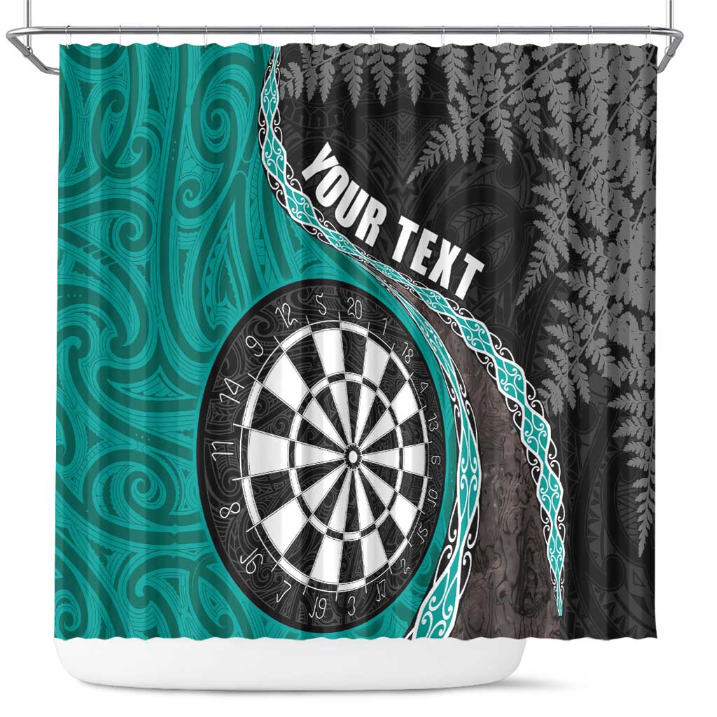 Personalised New Zealand Darts Shower Curtain Koru Tribal Tattoo and Silver Fern Maori Pattern Teal Color