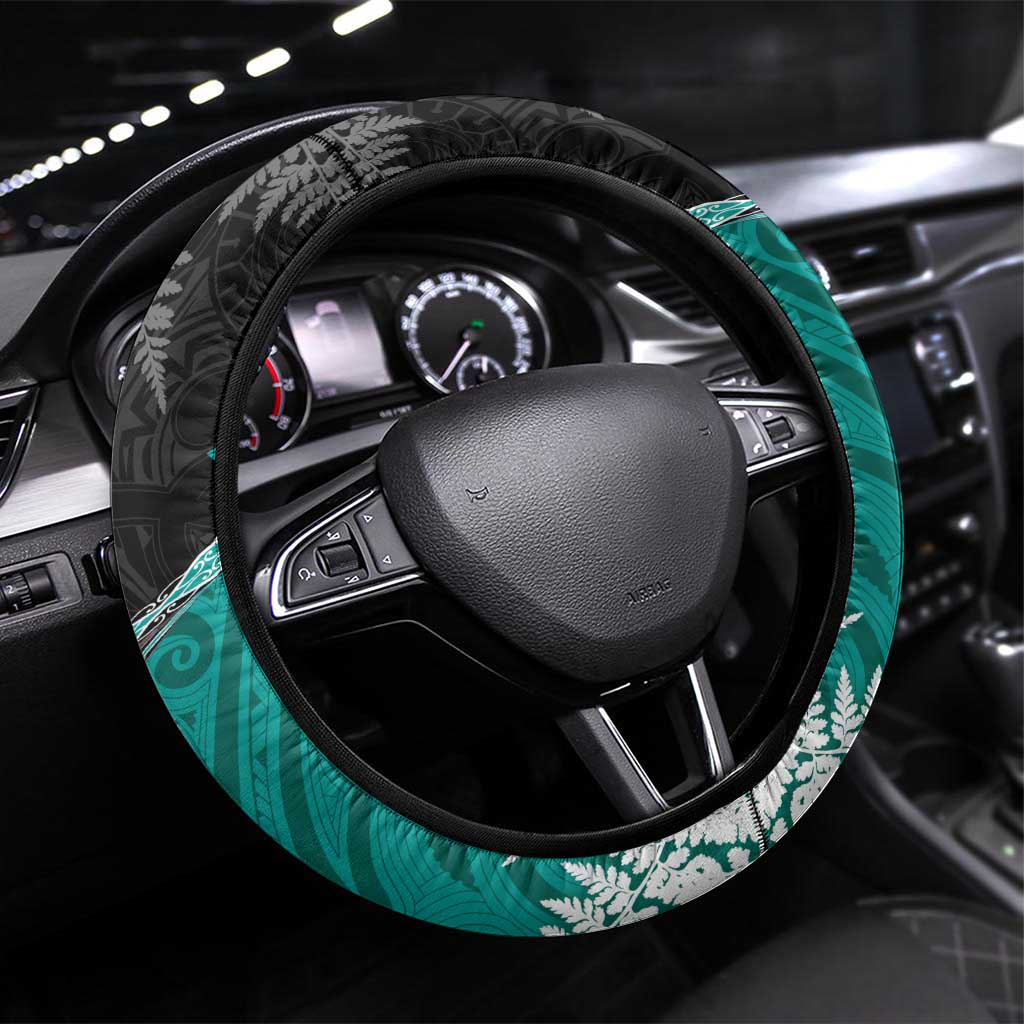 New Zealand Darts Steering Wheel Cover Koru Tribal Tattoo and Silver Fern Maori Pattern Teal Color