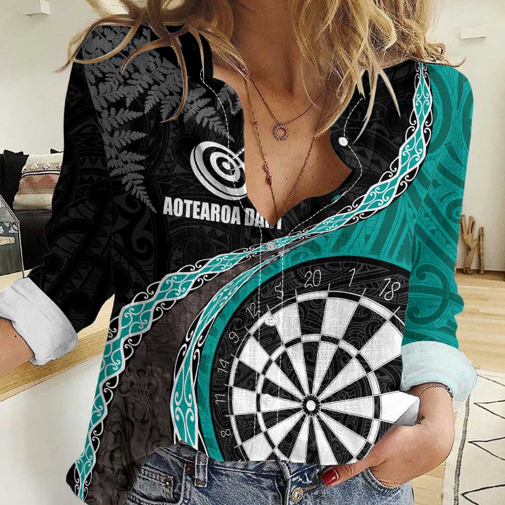 Personalised New Zealand Darts Women Casual Shirt Koru Tribal Tattoo and Silver Fern Maori Pattern Teal Color LT03 Female Teal - Polynesian Pride