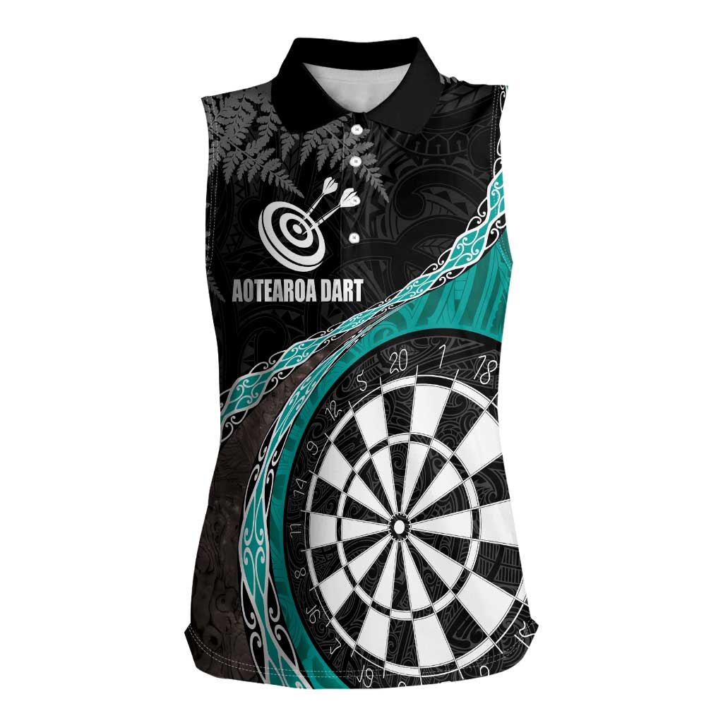 Personalised New Zealand Darts Women Sleeveless Polo Shirt Koru Tribal Tattoo and Silver Fern Maori Pattern Teal Color LT03 Female Teal - Polynesian Pride
