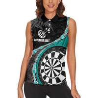 Personalised New Zealand Darts Women Sleeveless Polo Shirt Koru Tribal Tattoo and Silver Fern Maori Pattern Teal Color LT03 - Polynesian Pride