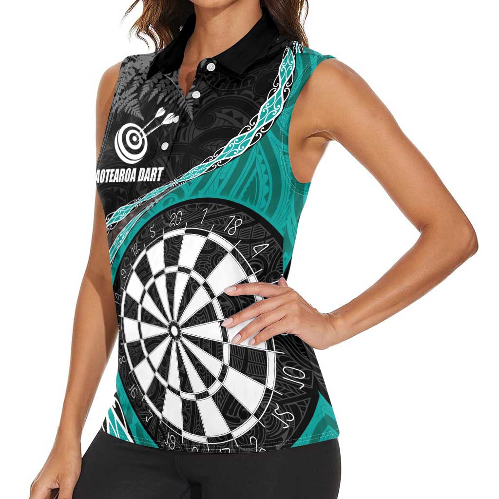 Personalised New Zealand Darts Women Sleeveless Polo Shirt Koru Tribal Tattoo and Silver Fern Maori Pattern Teal Color LT03 - Polynesian Pride