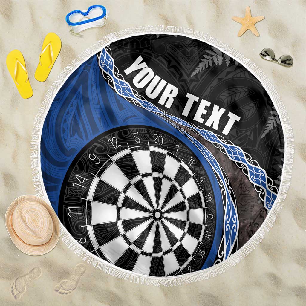 Personalised New Zealand Darts Beach Blanket Koru Tribal Tattoo and Silver Fern Maori Pattern Blue Color