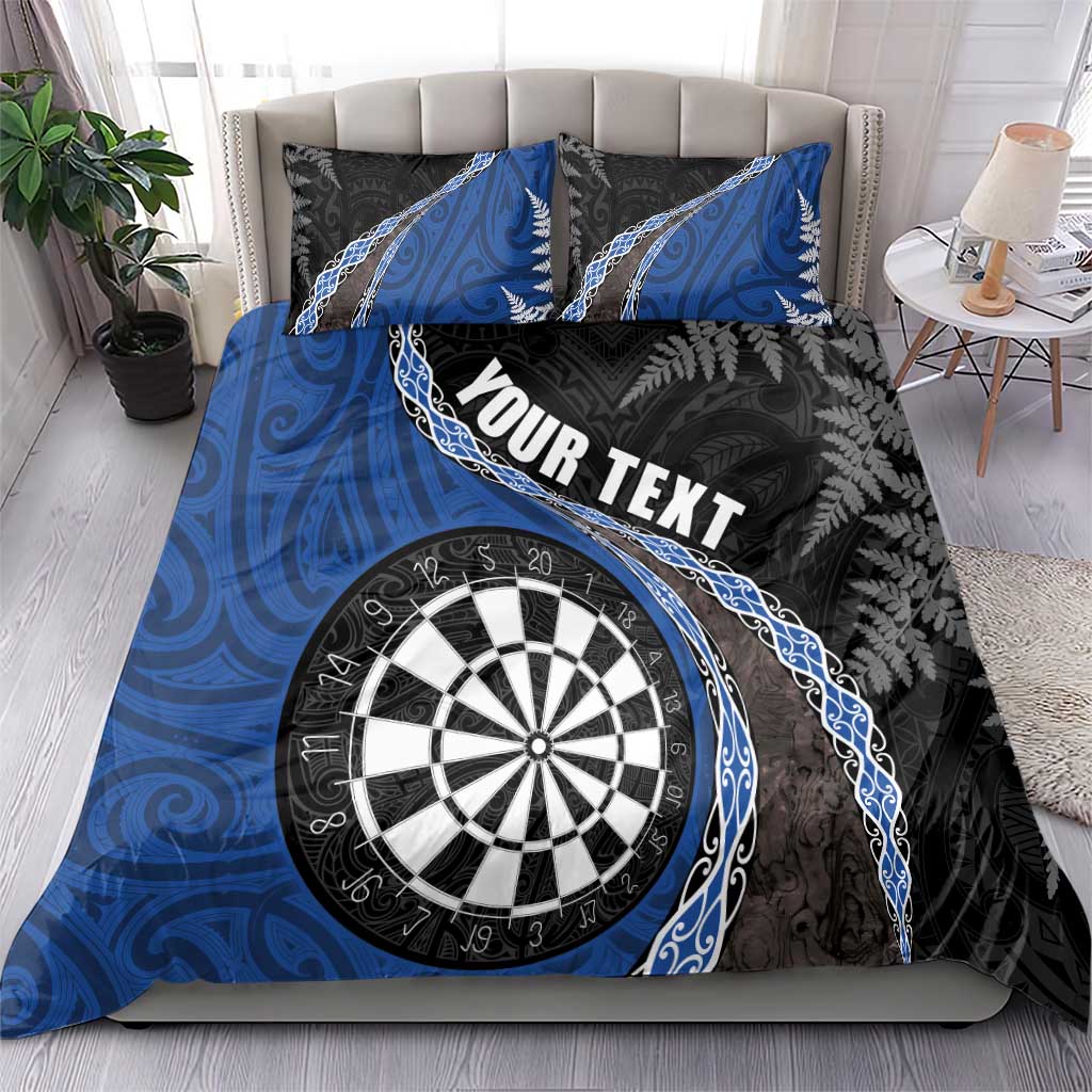 Personalised New Zealand Darts Bedding Set Koru Tribal Tattoo and Silver Fern Maori Pattern Blue Color