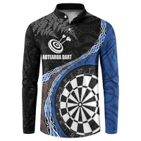 Personalised New Zealand Darts Button Sweatshirt Koru Tribal Tattoo and Silver Fern Maori Pattern Blue Color LT03 Blue - Polynesian Pride