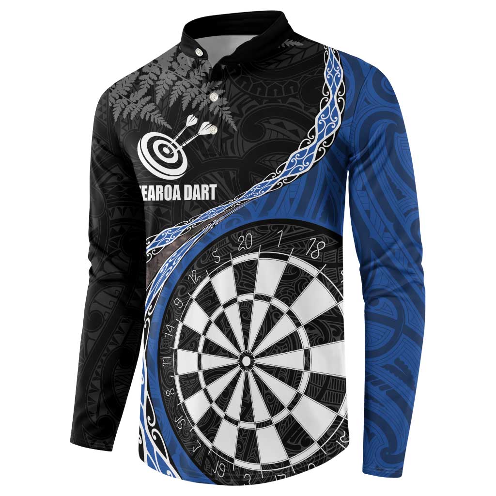 Personalised New Zealand Darts Button Sweatshirt Koru Tribal Tattoo and Silver Fern Maori Pattern Blue Color LT03 - Polynesian Pride
