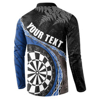 Personalised New Zealand Darts Button Sweatshirt Koru Tribal Tattoo and Silver Fern Maori Pattern Blue Color LT03 - Polynesian Pride