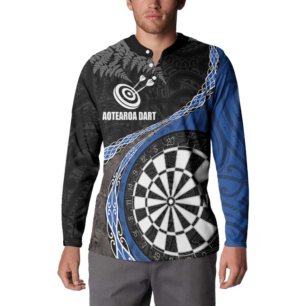 Personalised New Zealand Darts Button Sweatshirt Koru Tribal Tattoo and Silver Fern Maori Pattern Blue Color LT03 - Polynesian Pride