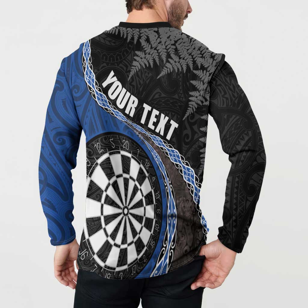 Personalised New Zealand Darts Button Sweatshirt Koru Tribal Tattoo and Silver Fern Maori Pattern Blue Color LT03 - Polynesian Pride